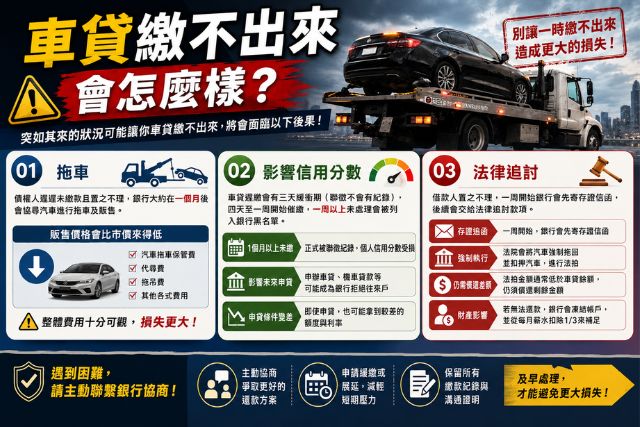 車貸繳不出來會發生拖車、影響信用分數、法律追討問題